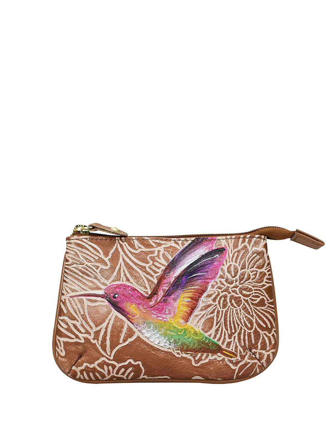 Anuschka Hand Painted Tooled Birds Tan Leather Medium Zip Pouch