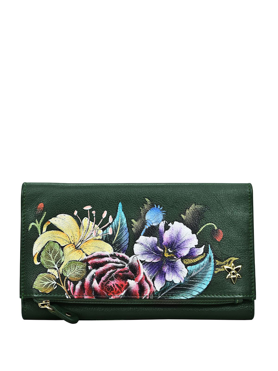 Anuschka Women Vintage Floral Handpainted Leather Three Fold Clutch