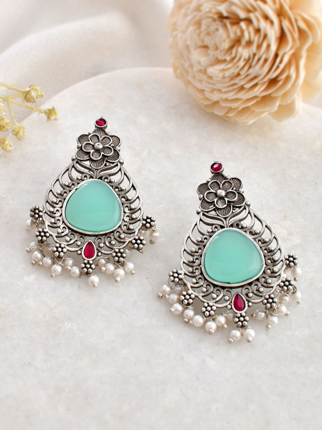 DASTOOR Silver Plated Stone Studded & Beaded Contemporary Oxidise Drop Earrings