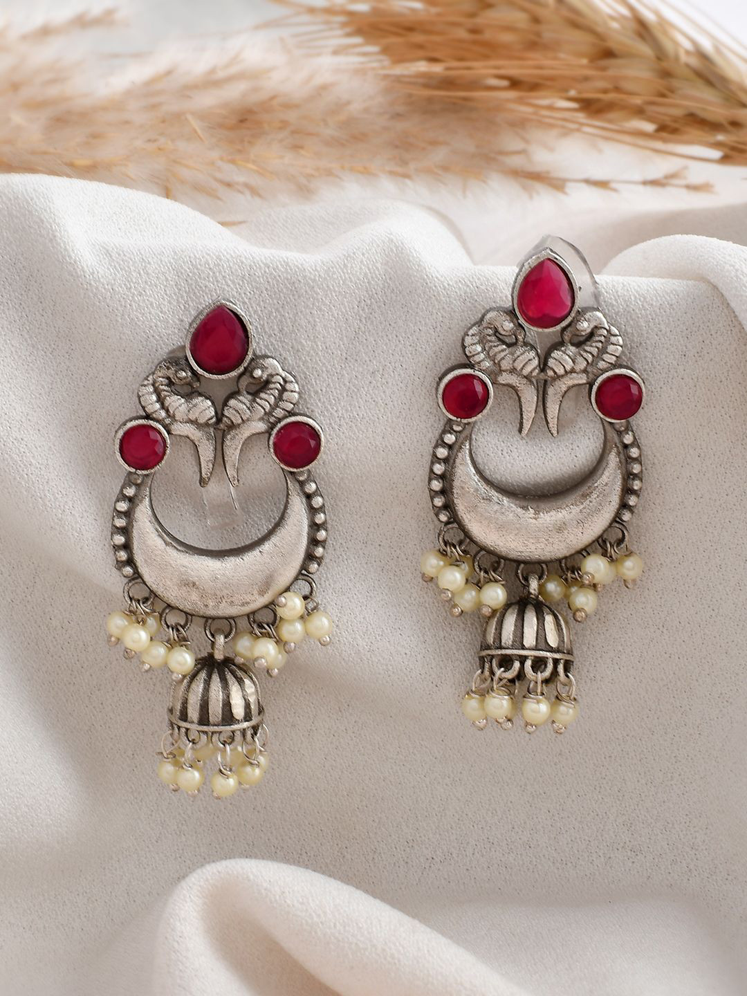 DASTOOR Silver-Plated Stone-Studded & Beaded Oxidised Contemporary Chandbalis