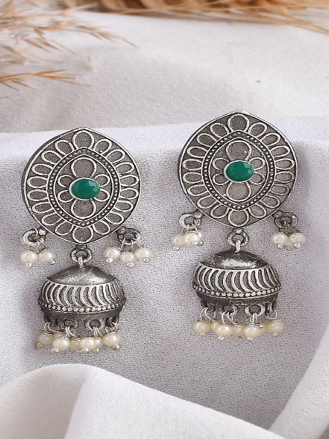 DASTOOR Silver-Plated Stone Studded & Beaded Contemporary Oxidise Jhumkas