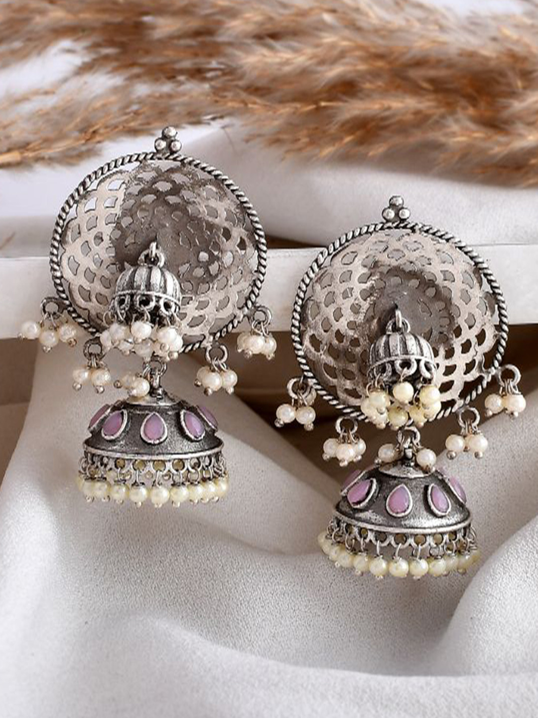 DASTOOR Silver Plated Stone Studded & Beaded Contemporary Oxidise Jhumkas