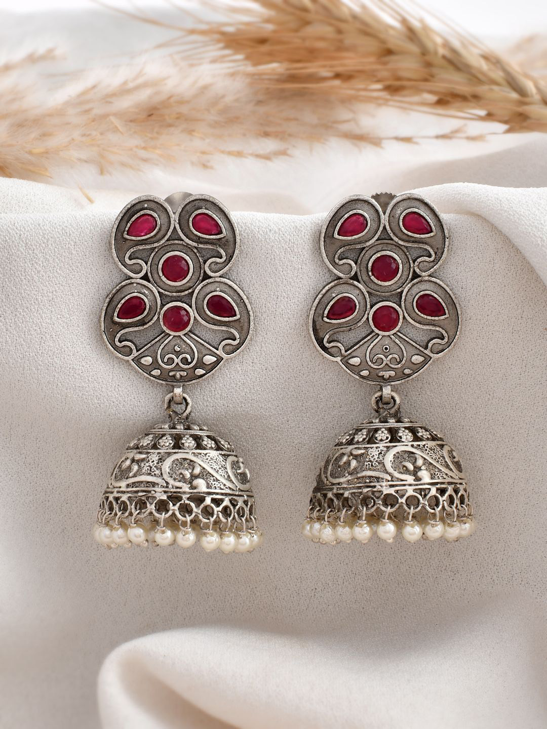 DASTOOR Silver Plated Stone Studded & Beaded Contemporary Oxidise Jhumkas