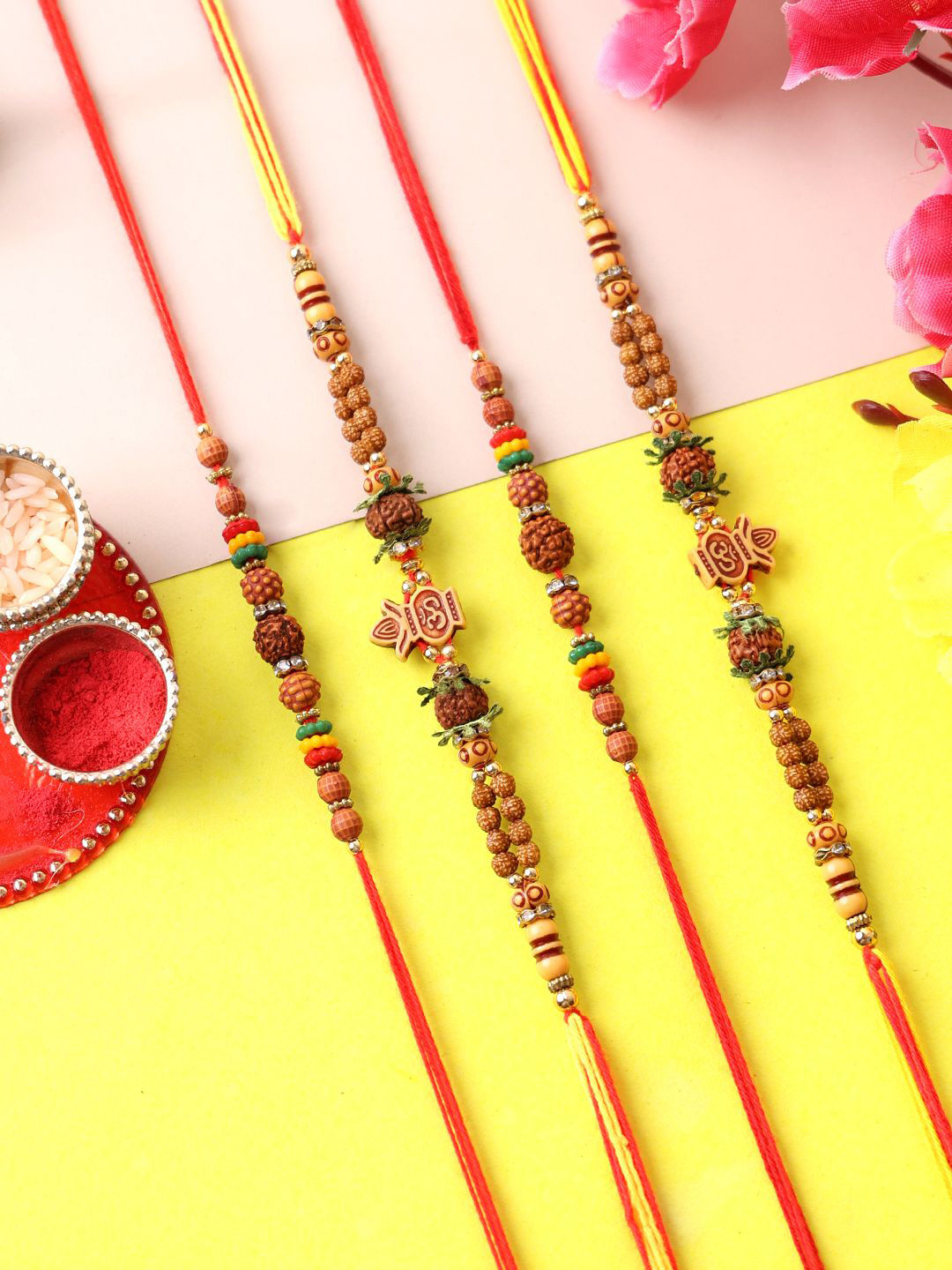 PANASH Set Of 4 Rudraksha & Kalash Shaped Thread Rakhi with Roli Chawal