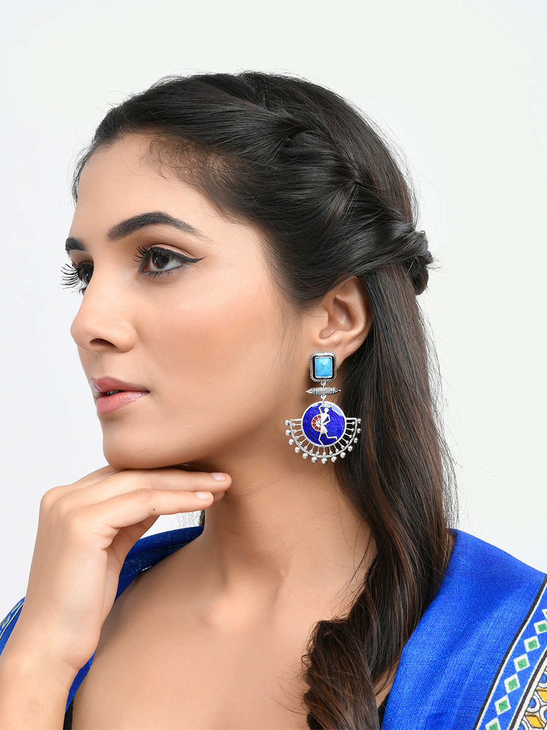 Voylla Silver-Plated Turquoise Stone Studded Drop Earrings