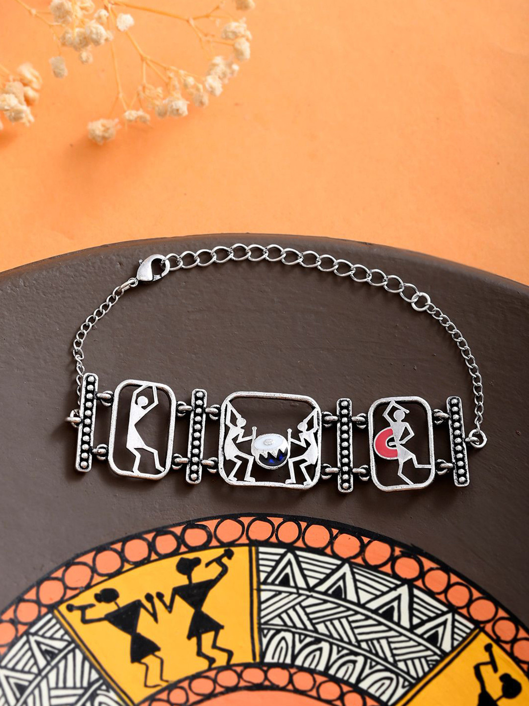 Voylla Silver-Plated Oxidised Warli Rangilo Maro Dholna Link Bracelet