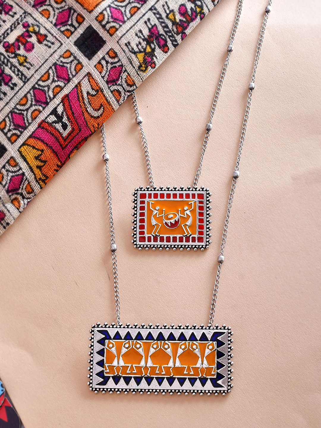 Voylla Silver-Plated Oxidised Warli Dhindora Baje Re Layered Necklace