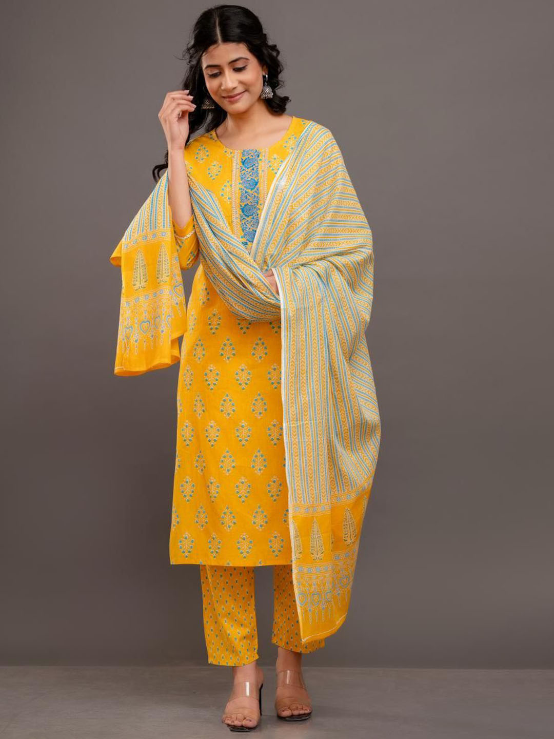 Jasoriya Ethnic Motifs Printed Straight Pure Cotton Kurta with Trousers & Dupatta