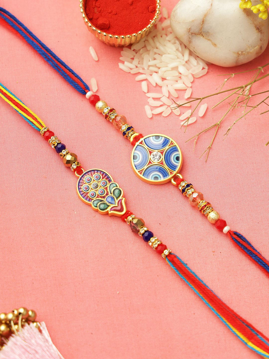 Aapno Rajasthan Set of 2 Circular Rakhi with Roli Chawal & Greeting Card