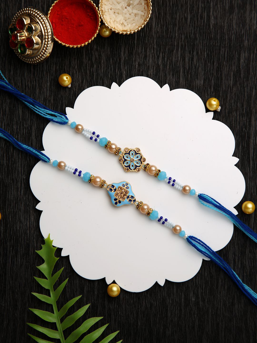 Aapno Rajasthan Set of 2 Floral Enameled Beaded Rakhi with Roli Chawal & Greeting Card