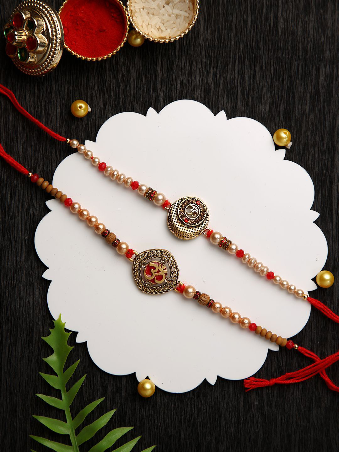 Aapno Rajasthan Set of 2 Shri Ram & Rudraksh Rakhi with Roli Chawal & Greeting Card