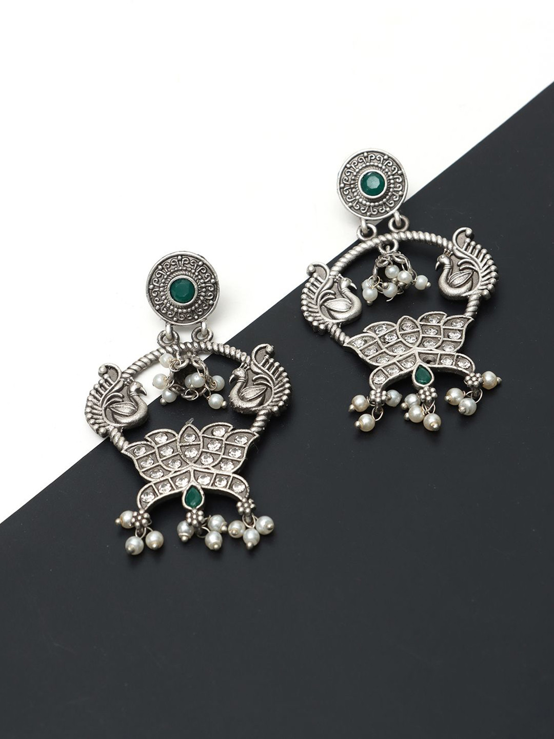Ozanoo Silver-Plated Replica Peacock Cubic Zirconia Studded & Beaded Drop Earrings
