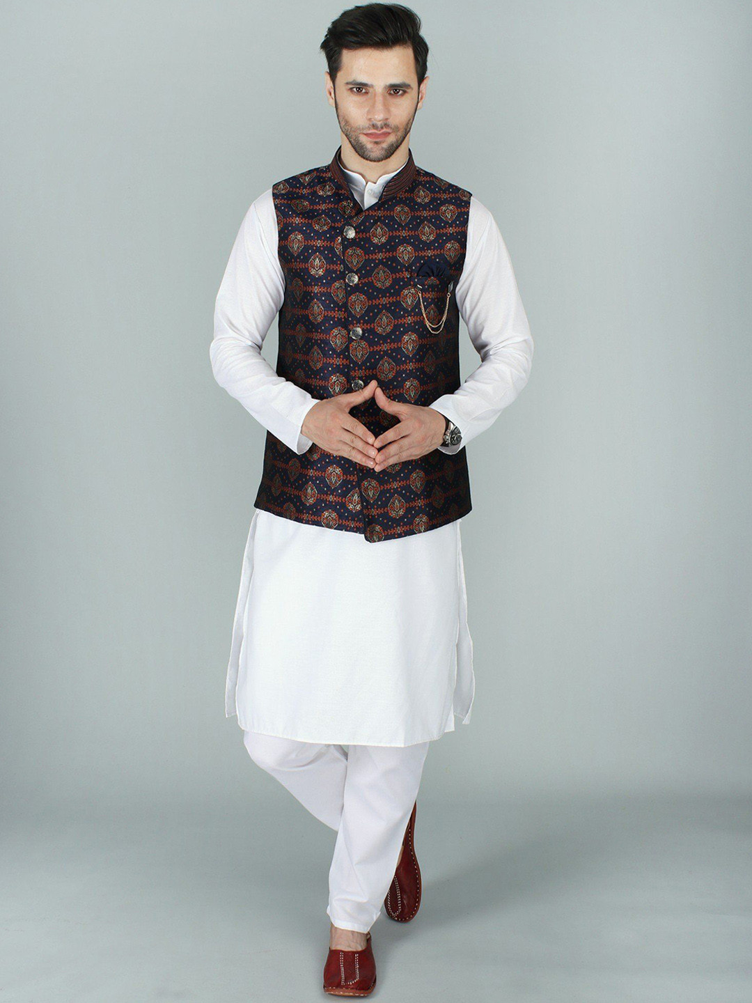 Exotic India Asymmetric Jacquard Silk Bandi Nehru Jacket