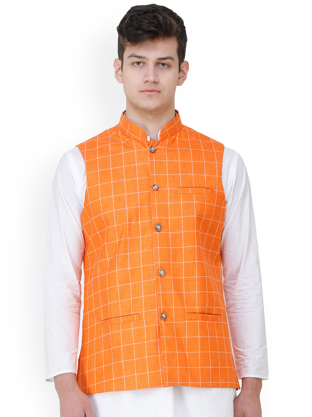 Exotic India Orange Peel Single Check Woven Jute Waistcoat with Front Pockets