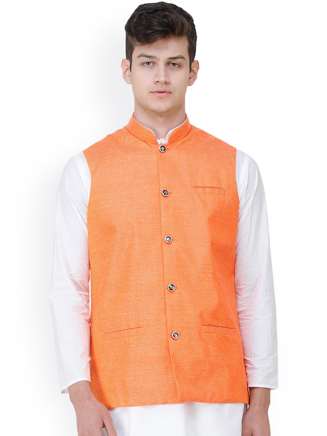Exotic India Diamond Weave Polycotton Mandarin Orange Waistcoat with Front Pockets