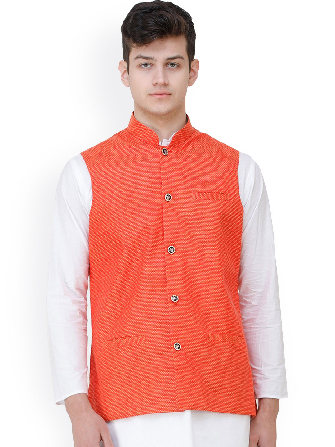 Exotic India High Risk Red Polycotton Waistcoat with Diamond Weave and Front Pockets
