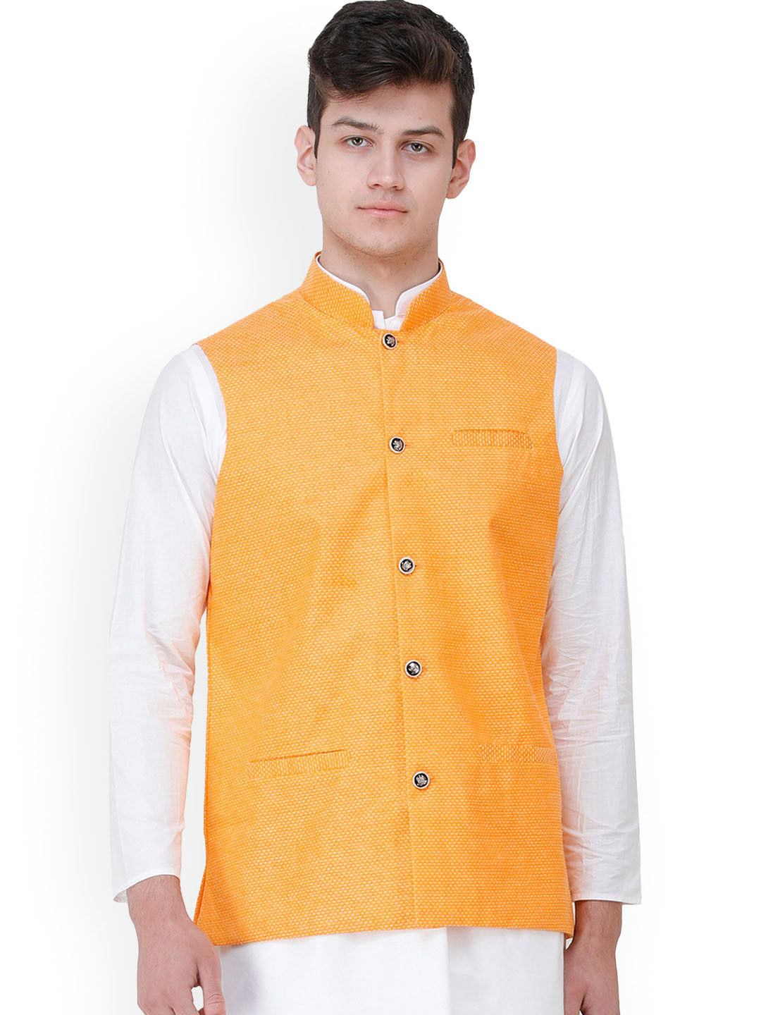 Exotic India Gold Fusion Polycotton Waistcoat with Diamond Weave and Front Pockets