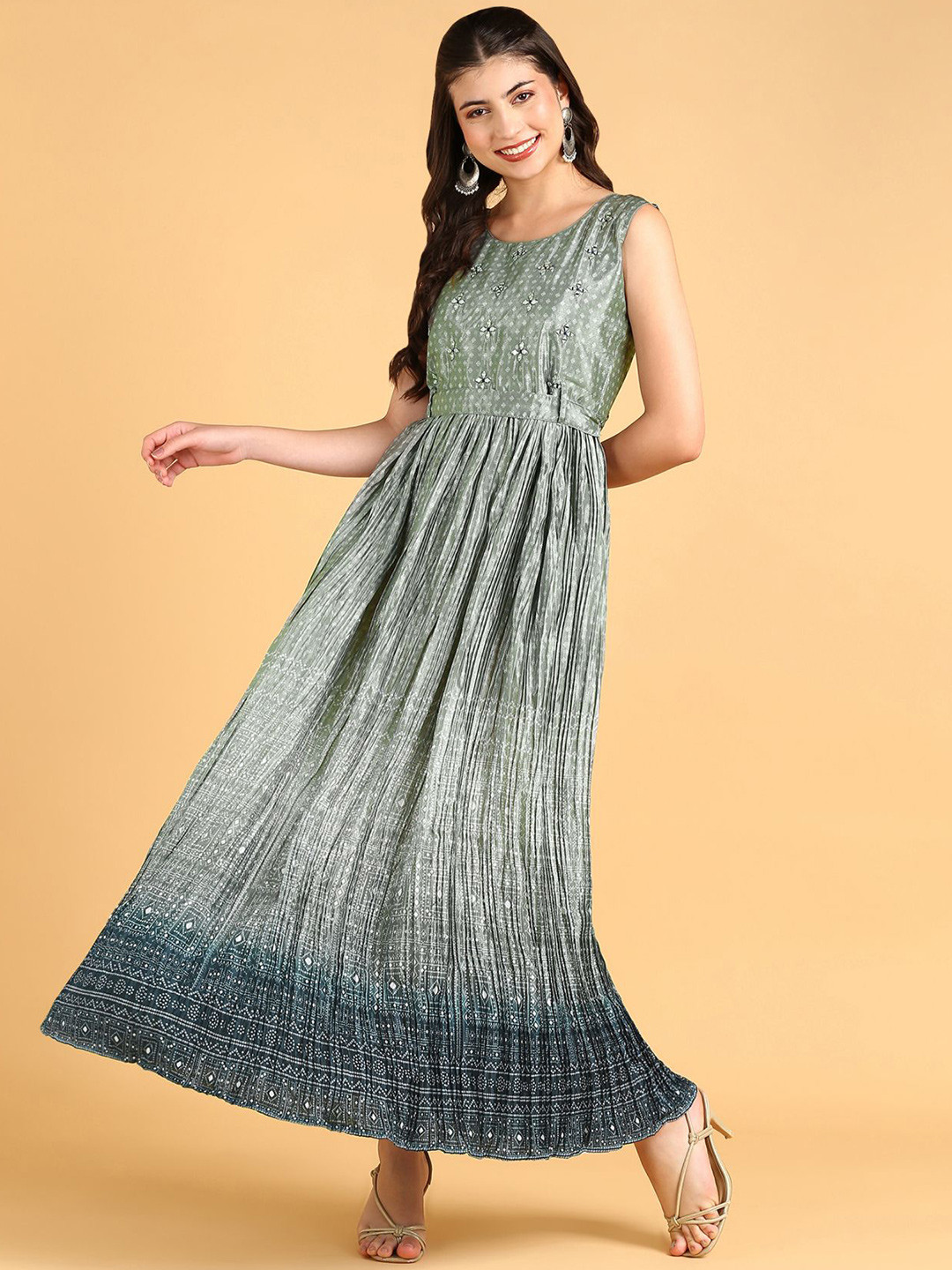 DISHWA FASHION Floral Print Embroidered Silk Maxi Dress