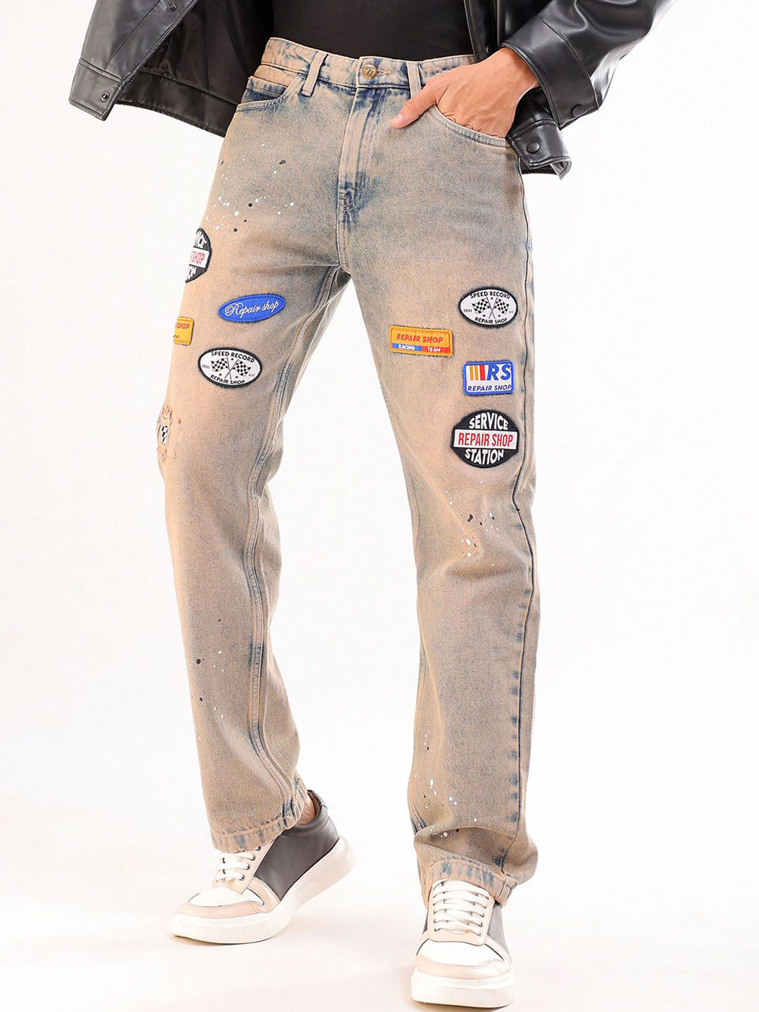 The Indian Garage Co Men Straight Fit Light FadePatch Jeans