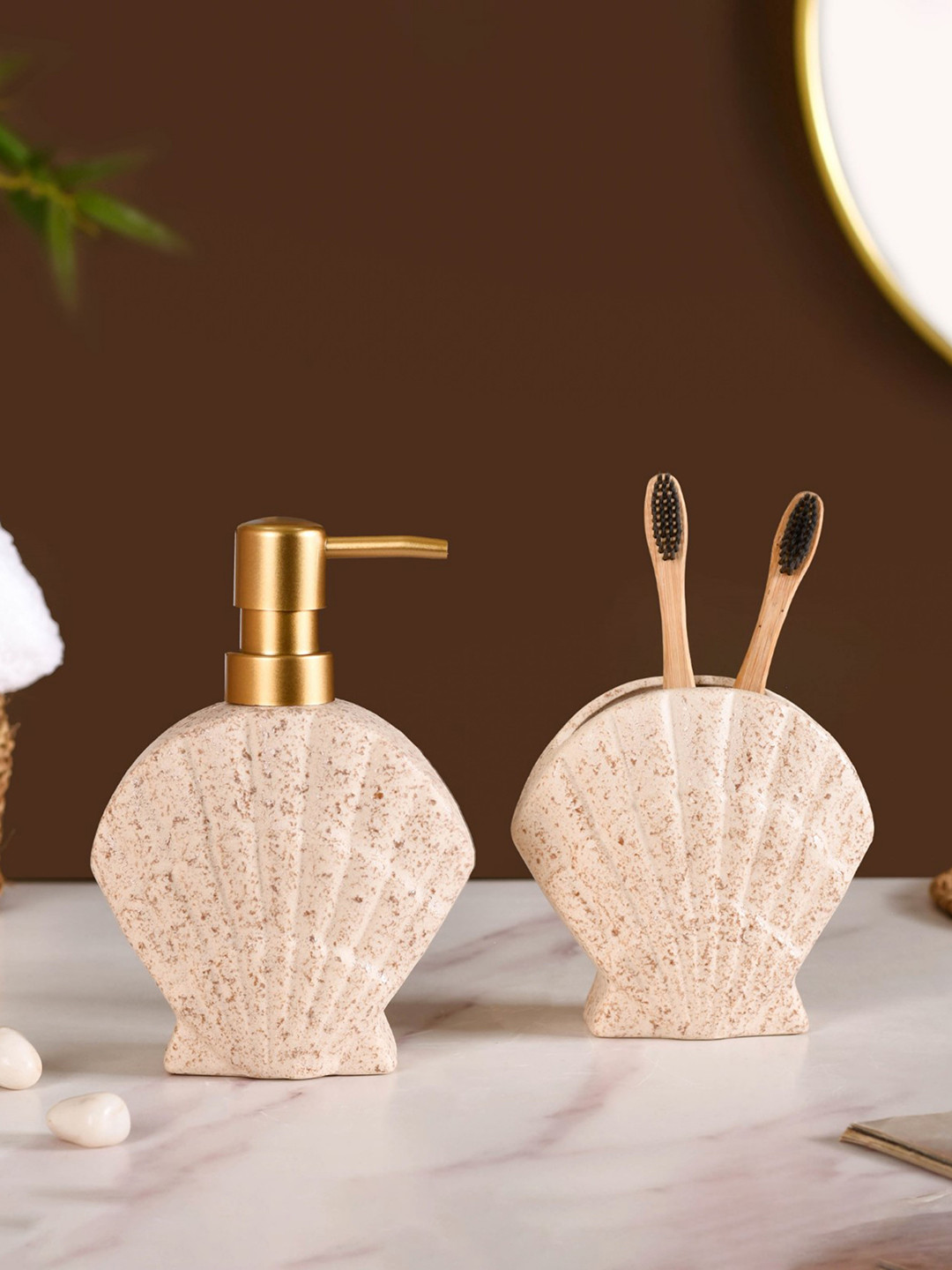 Nestasia Brown & Gold-Toned  2 Pieces Textured Ceramic Contemporary Matte Soap Dispenser
