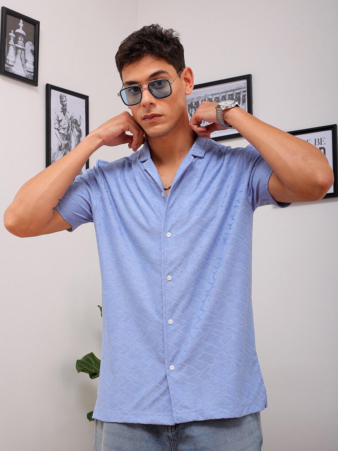 The Indian Garage Co Men Slim Fit Textured Terry Knit Resortwear Shirt