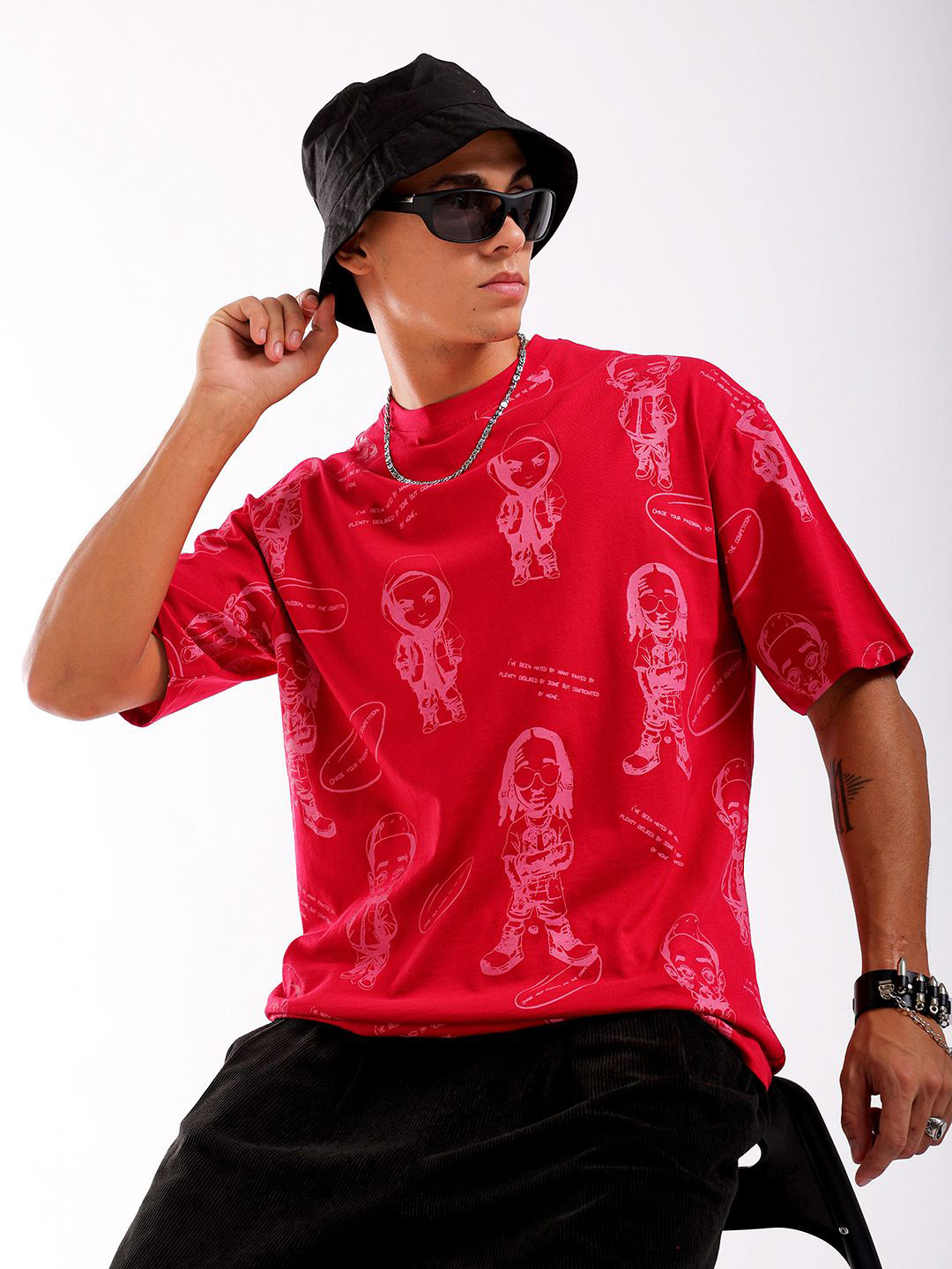 The Indian Garage Co Men All Over Printed Round Neck Boxy Oversized T-shirt