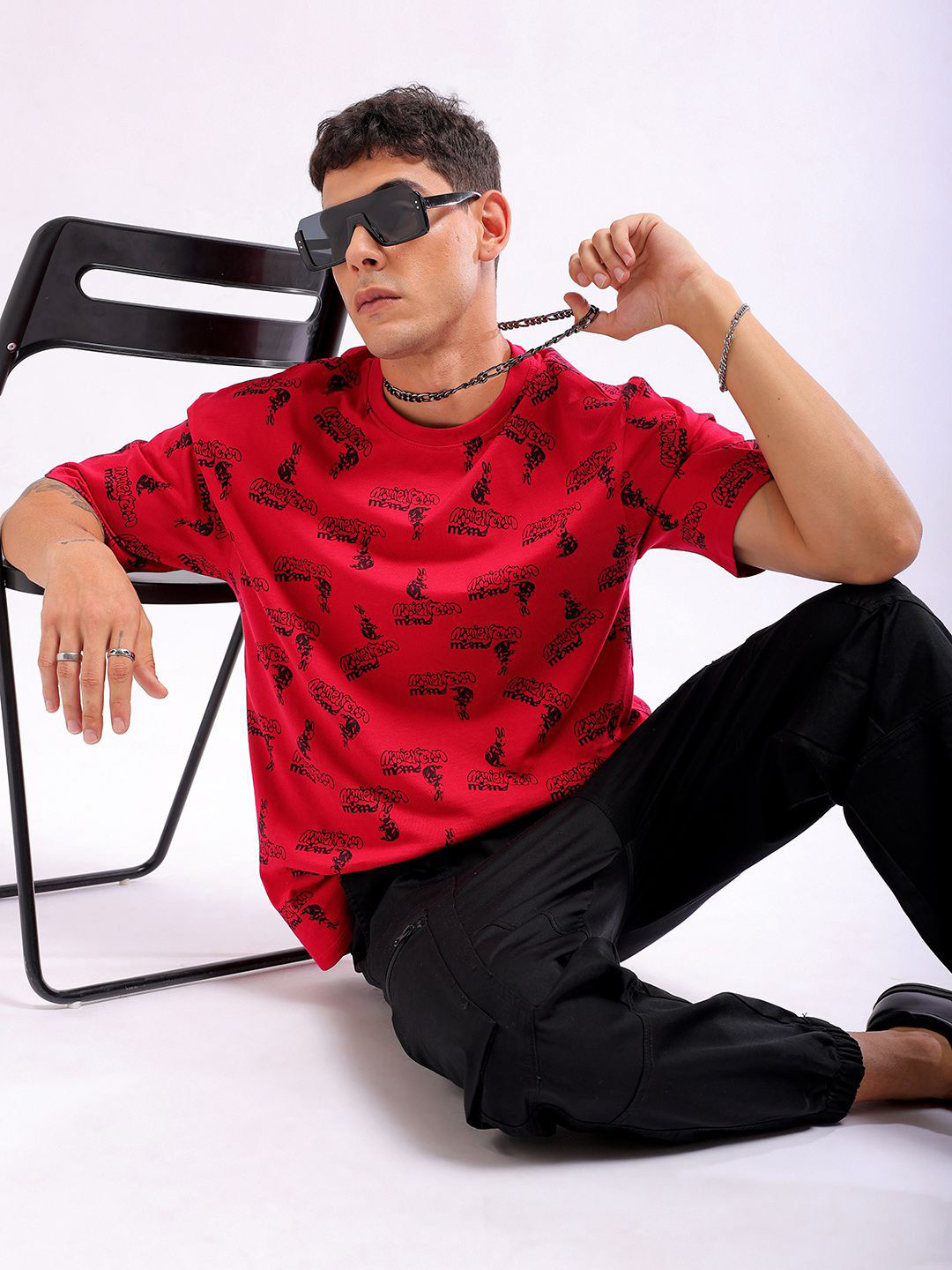 The Indian Garage Co Men All Over Printed Round Neck Boxy Oversized T-shirt