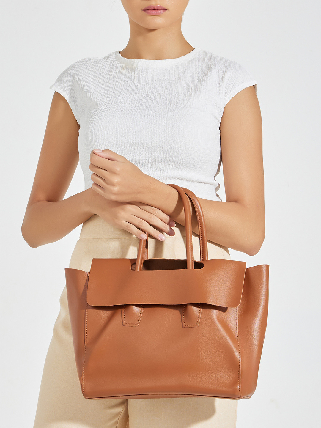 Styli Women Brown Cut Out Detail Flap Closure Tote Bag