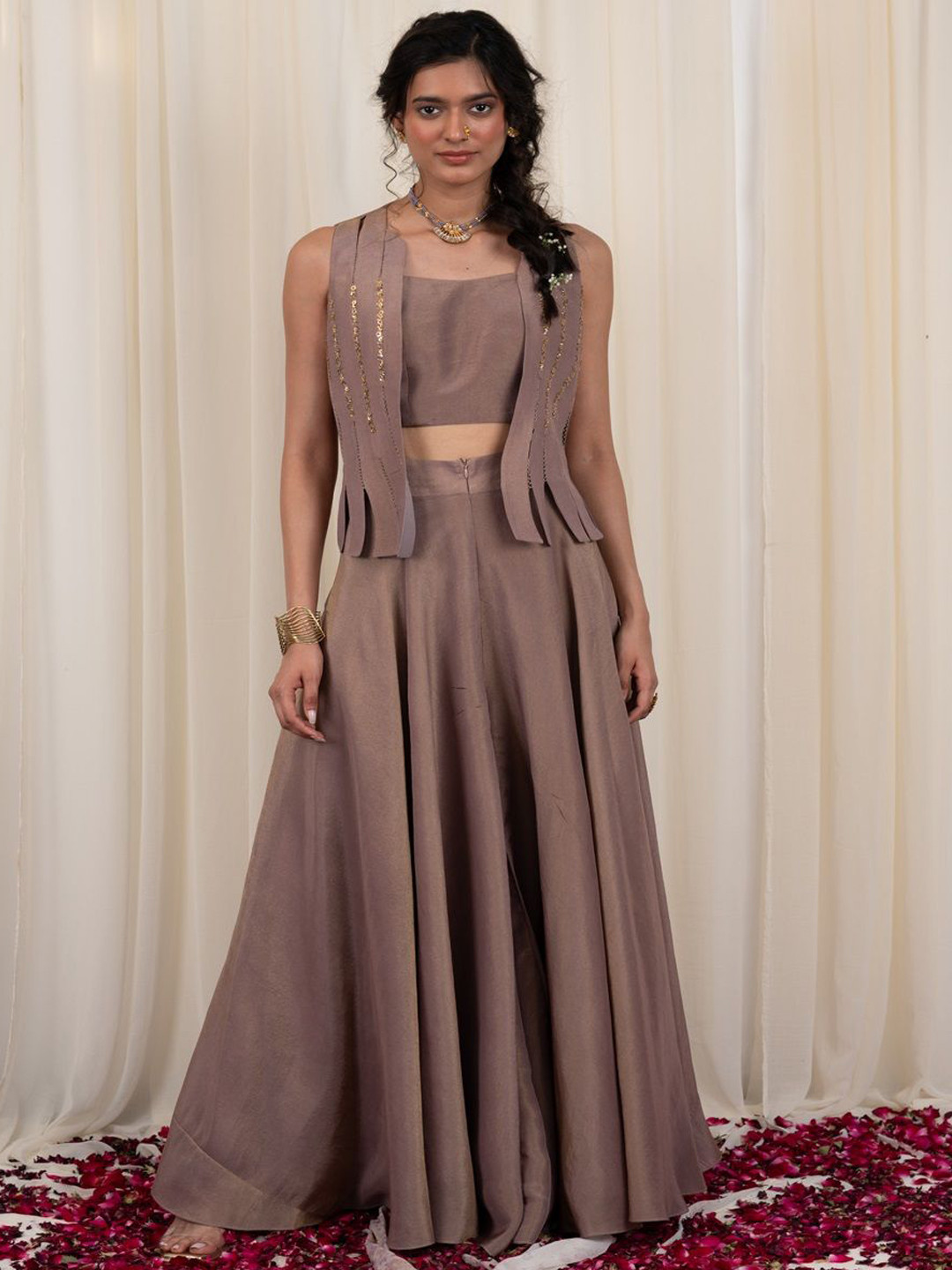 RIRASA Katak Shoulder Straps Party Crop Top With Skirt & Jacket