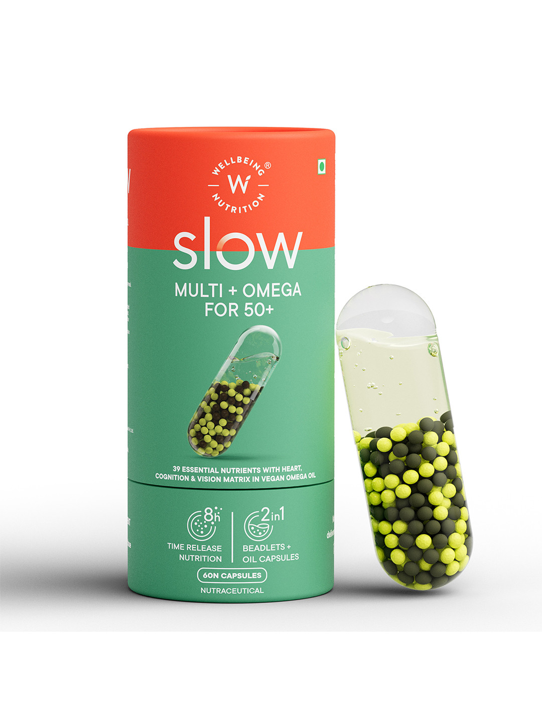Wellbeing Nutrition Slow Multivitamin + Omega 3 Adult 50+ Energy Immunity- 60 Veg Capsules