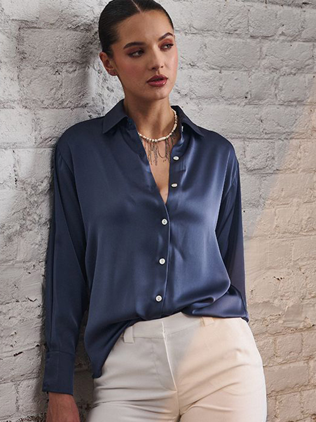 DELAN Relaxed Satin Casual Shirt