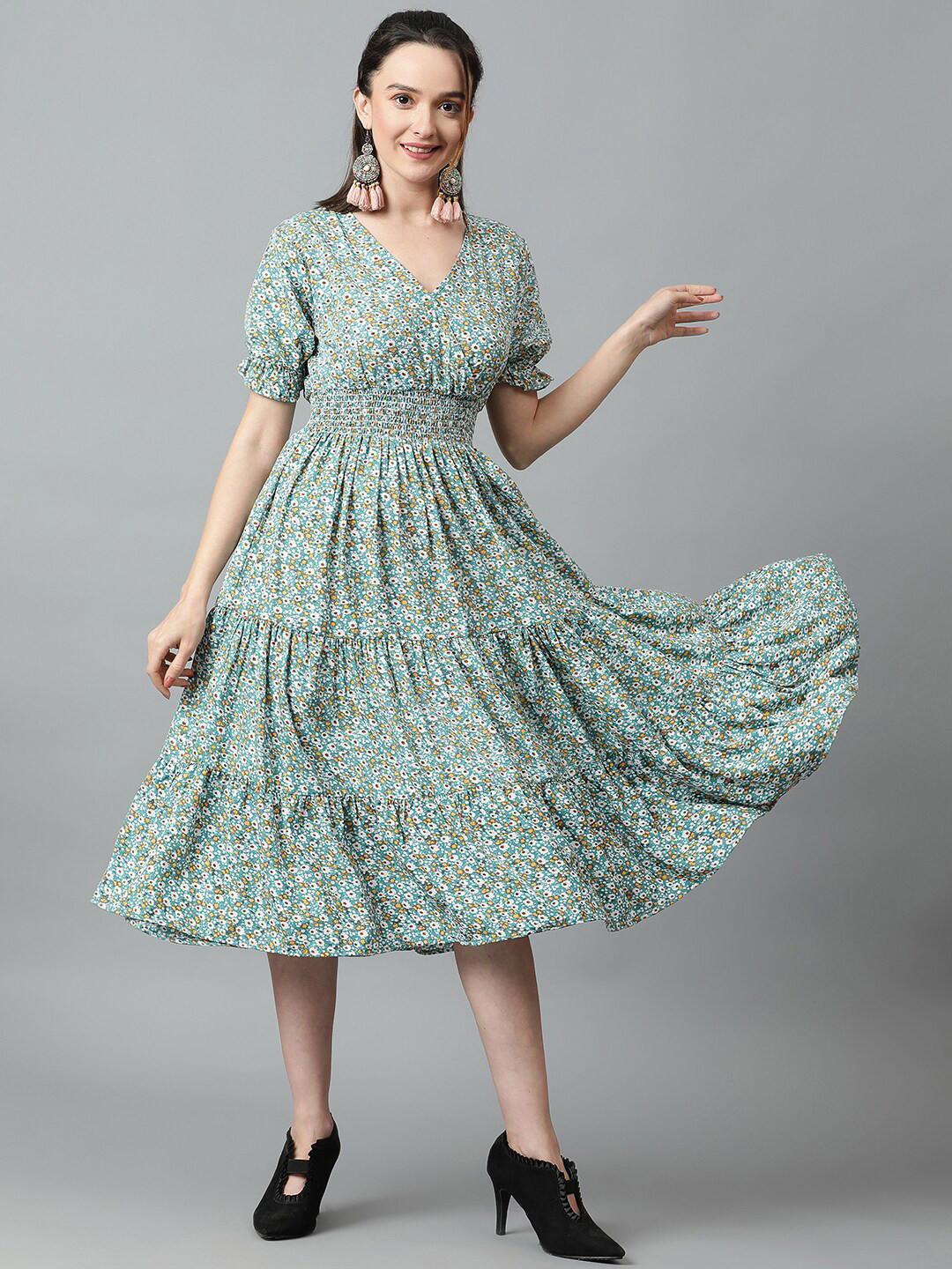 Kotty Floral Printed V-Neck Puff Sleeve Layered Crepe Fit & Flare Midi Dress