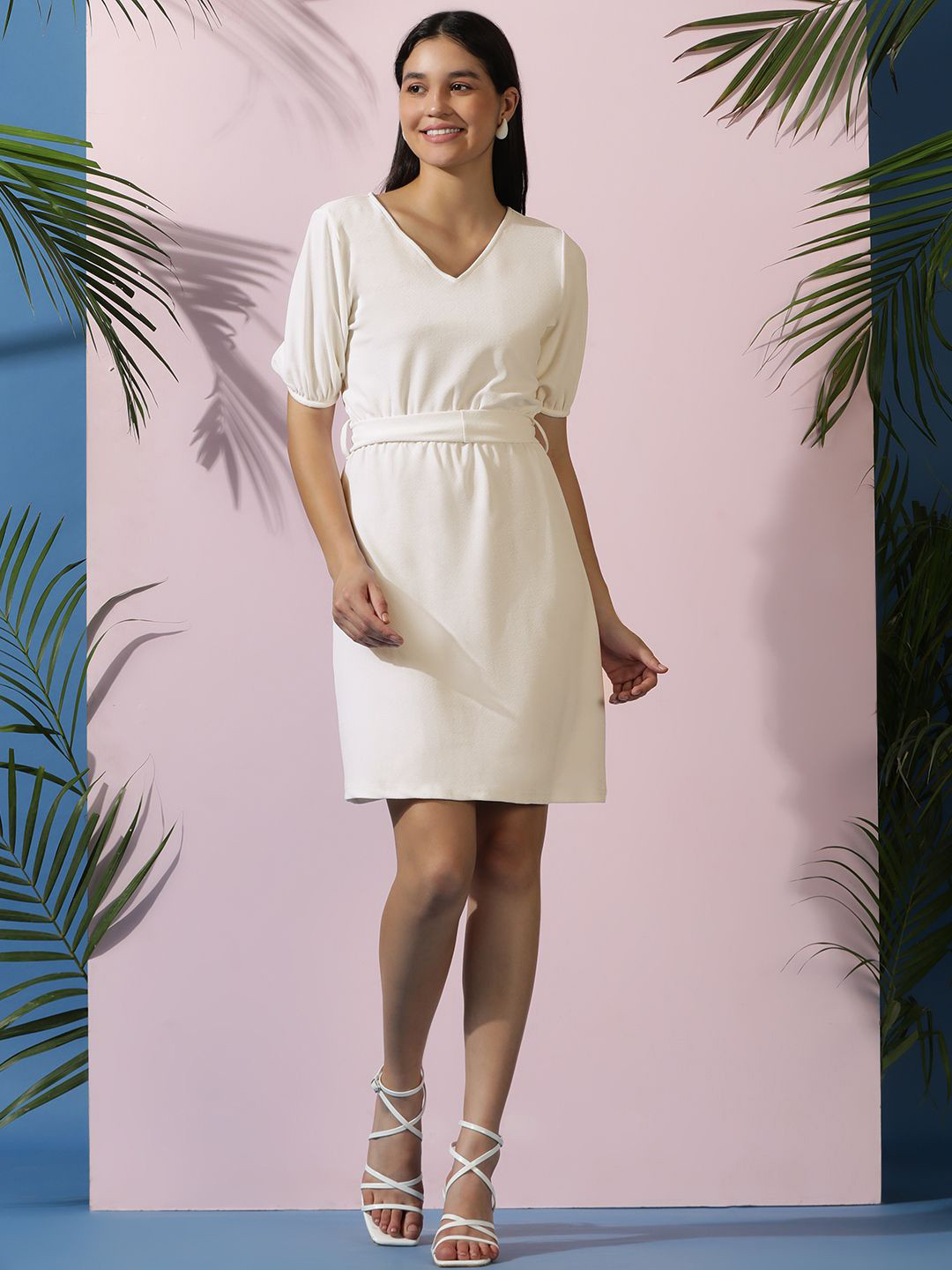 Stylecast X Kotty White V Neck Short Puff Sleeves A-Line Dress