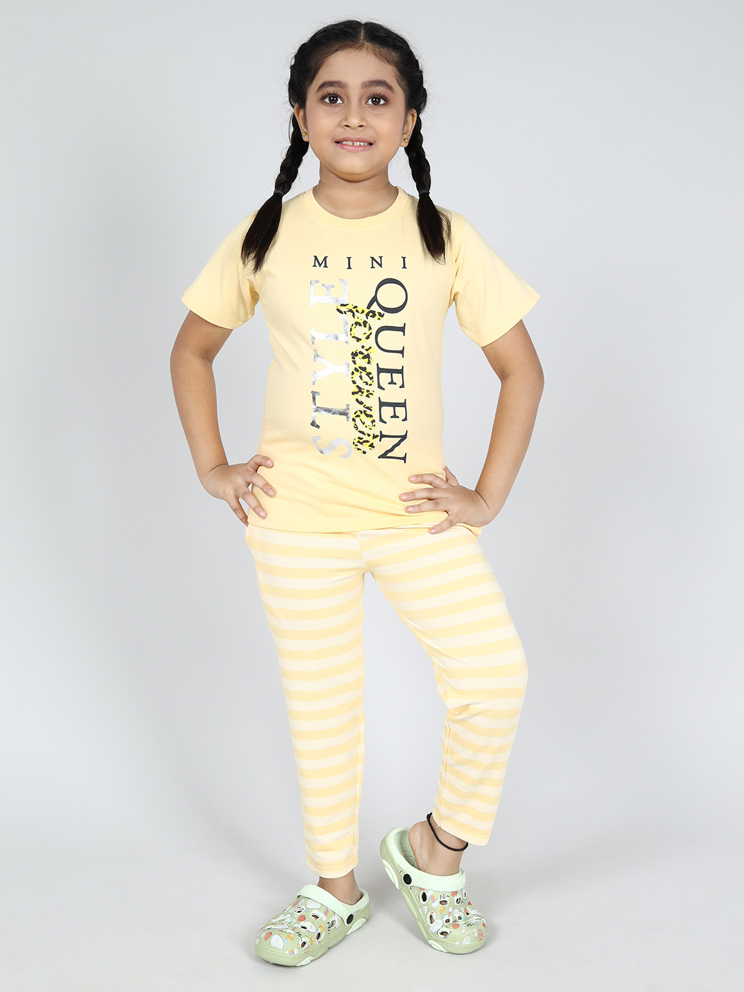 Here&Now X Denikid Girls Pure Cotton Printed T-shirt with Striped Leggings