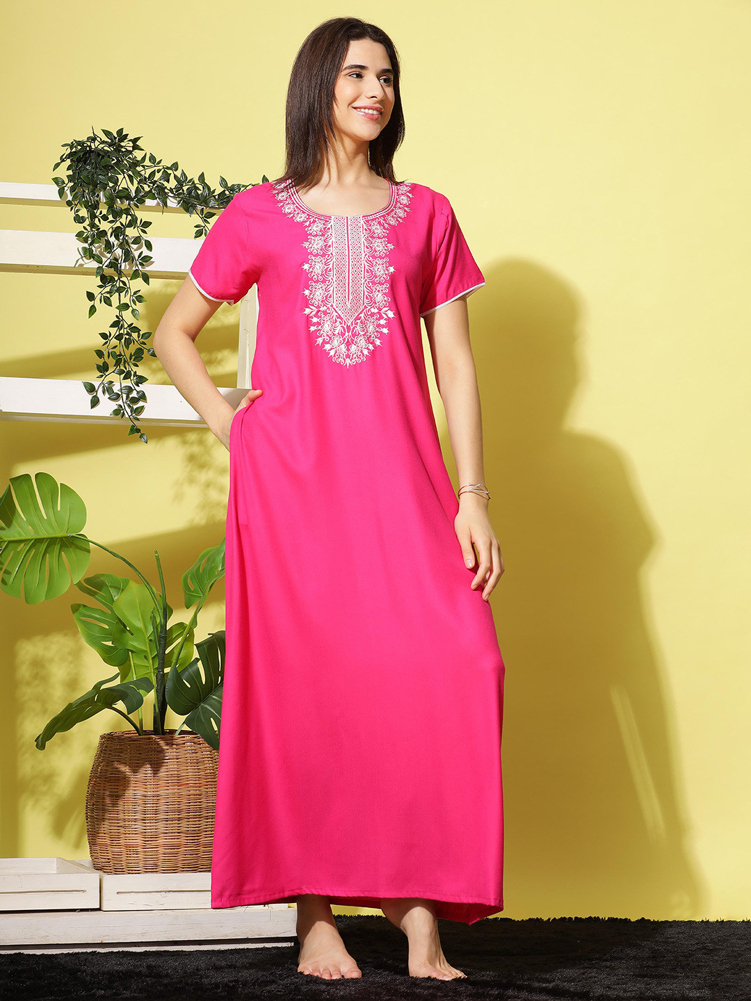 9shines Label Rani Pink Embroidered with Pocket A Line Nightdress