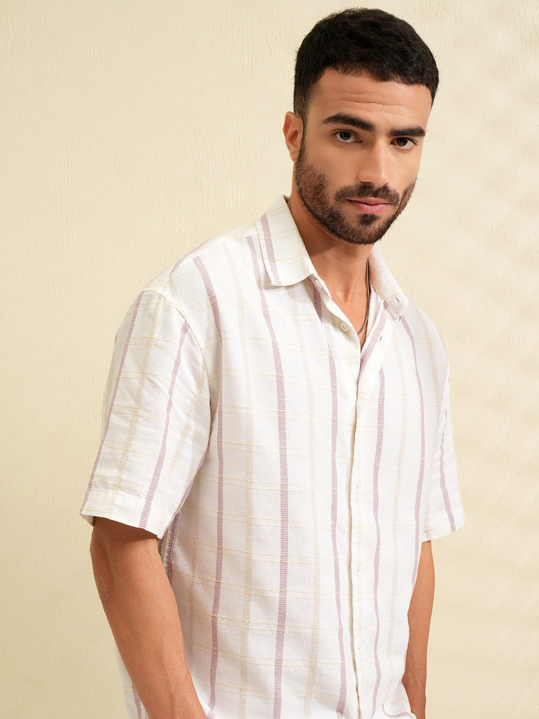 LOCOMOTIVE Men Premium Cotton Linen Dobby Textured Checked Oversized Overshirt