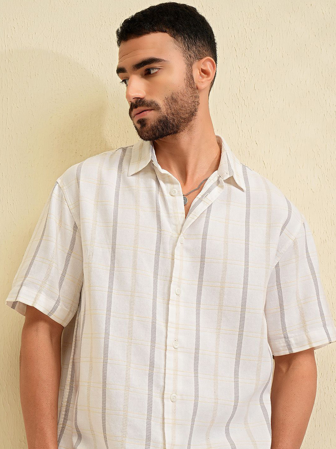 LOCOMOTIVE Men Cotton Linen Dobby Textured Checked Oversized Overshirt