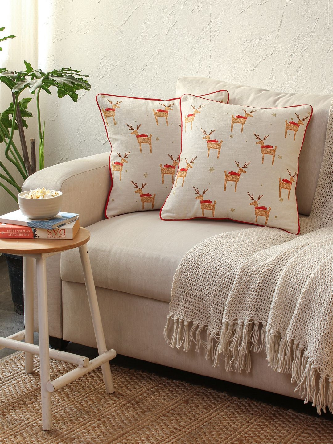 House This White & Beige Set of 2 Cartoon Characters Square Cushion Covers