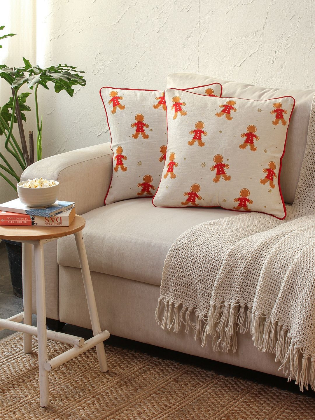 House This White & Orange Set of 2 Cartoon Characters Square Cushion Covers