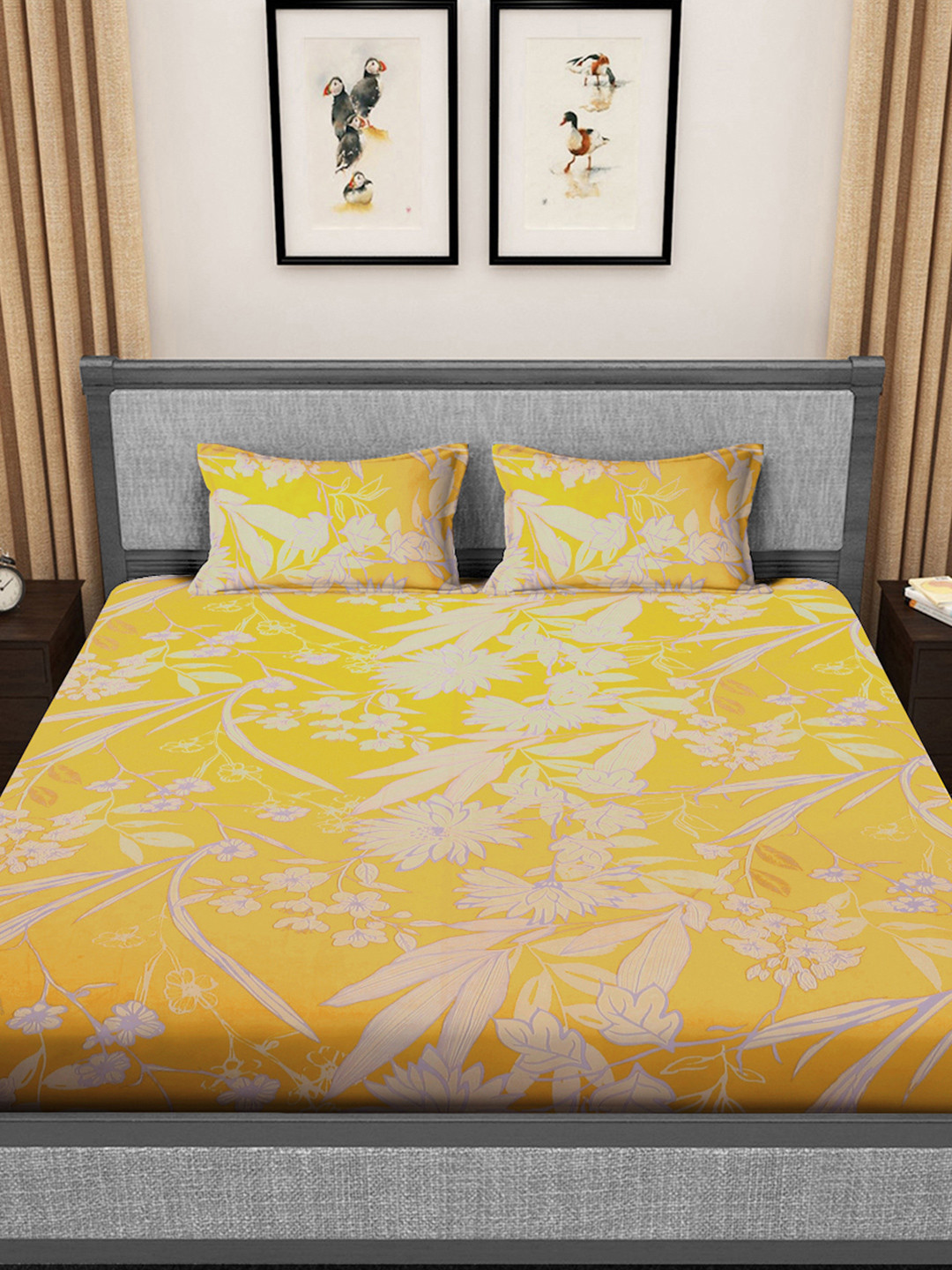 FABINALIV Amulya Yellow Floral Cotton Breathable 300 TC King Fine Bedsheet with 2 Pillow Covers-98 x 89 inches