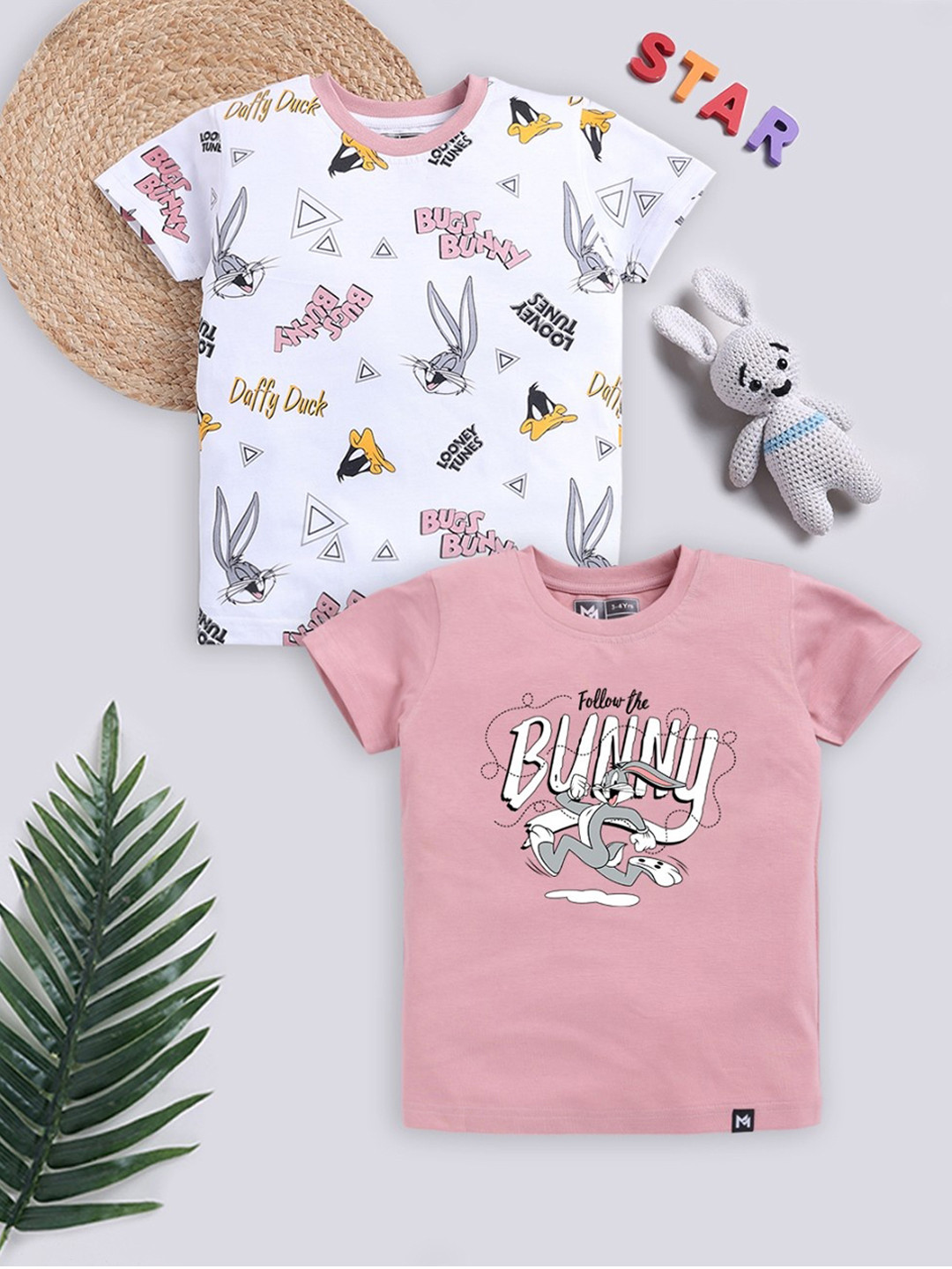 YK X Minute Mirth Boys Pack of 2 Looney Tunes Printed Pure Cotton T-shirts
