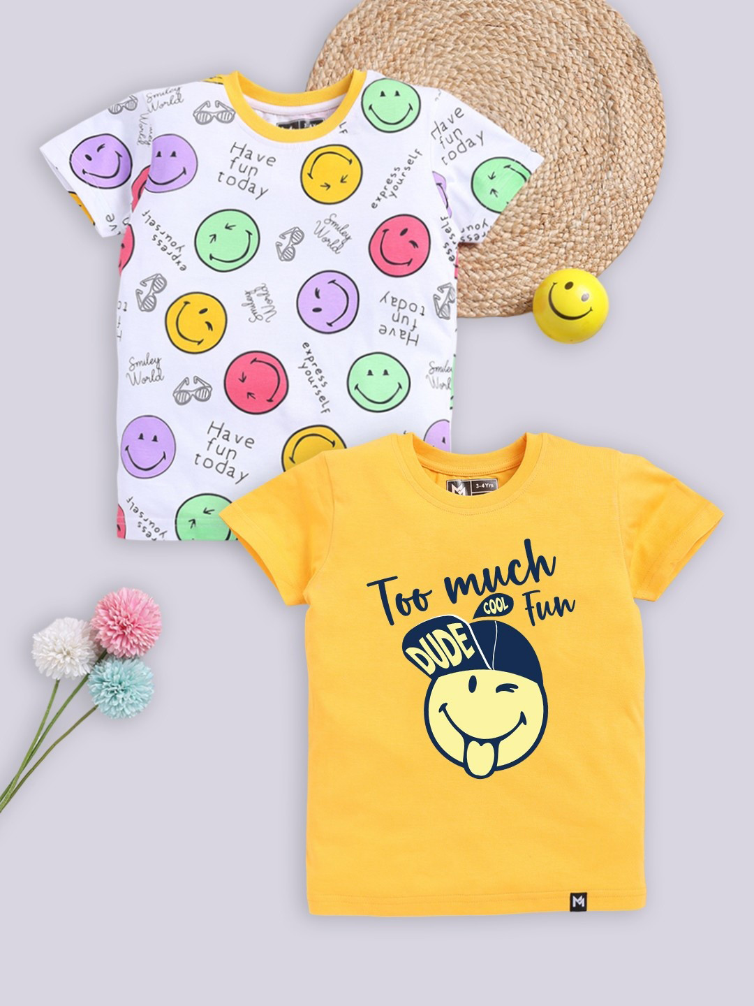 YK X Minute Mirth Boys Pack of 2 Printed Pure Cotton T-shirts