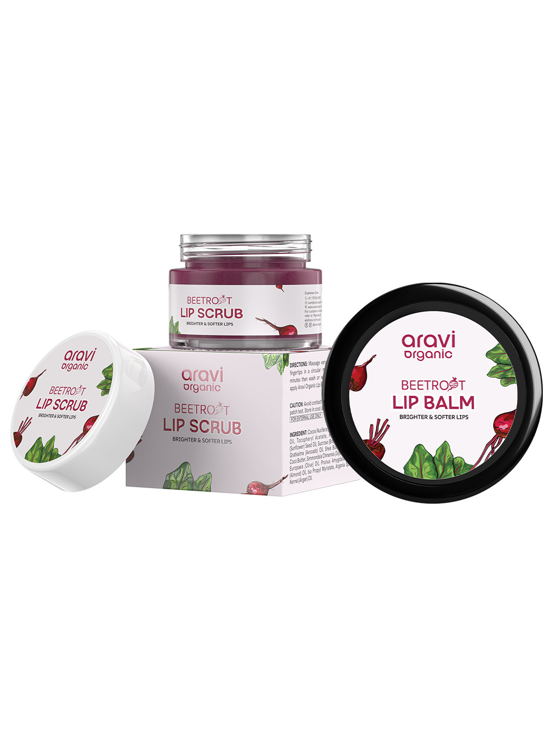 Aravi Organic Set of Beetroot Lip Scrub & Lip Balm for Brightening Dark & Pigmented Lips