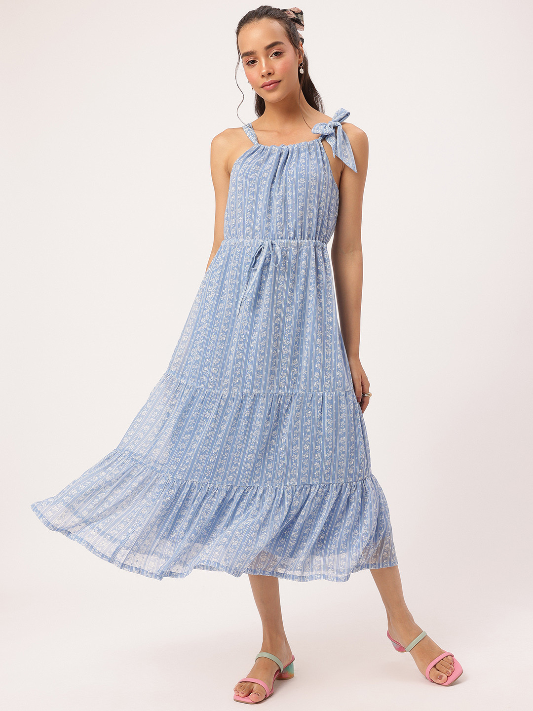 DressBerry Floral Tie-Up Bow Tiered A-Line Midi Dress