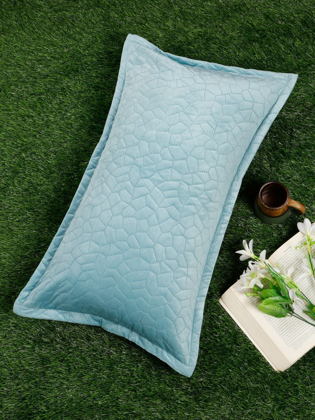 HOSTA HOMES Turquoise Blue Self Design Rectangle Shaped Pillow Cover
