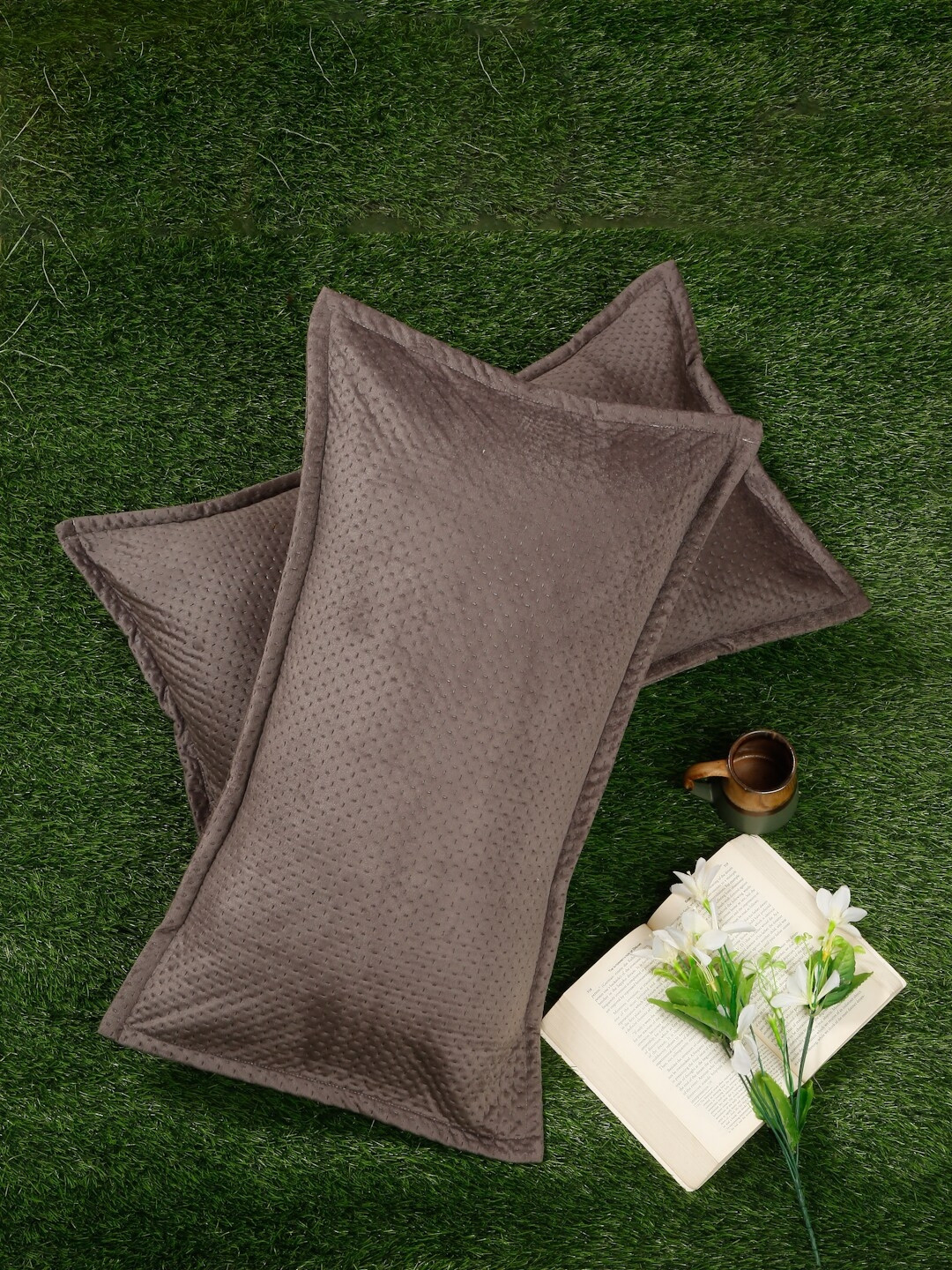 HOSTA HOMES Brown 2 Pieces Self Design Rectangle Shaped Pillow Covers