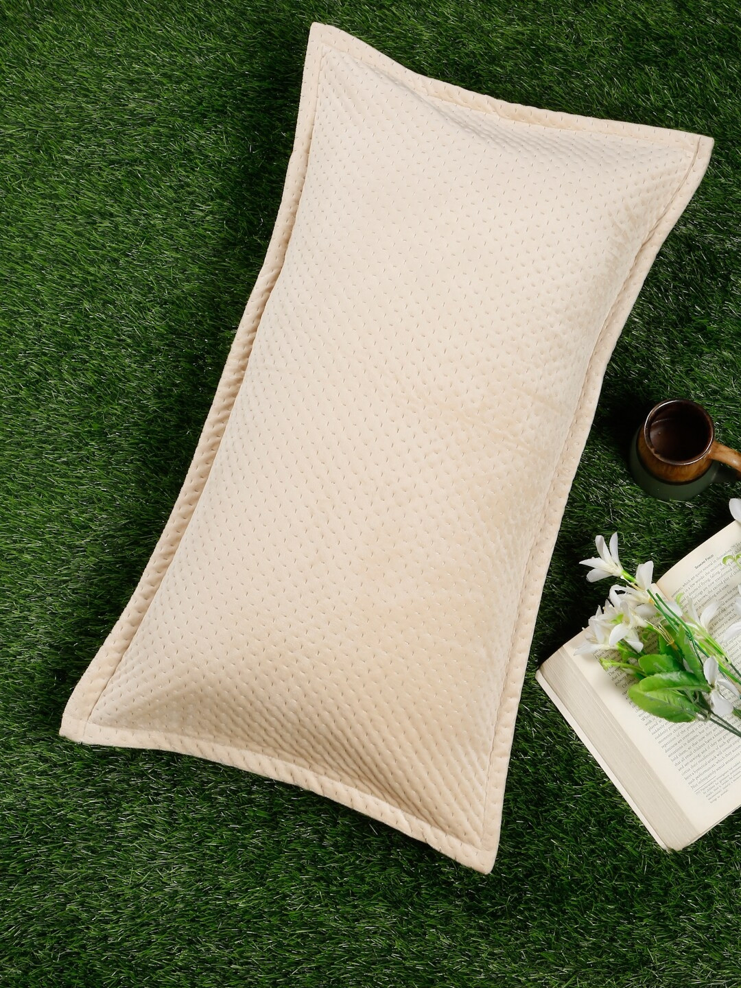 HOSTA HOMES Cream Coloured Self Design Rectangle Shaped Pillow Cover