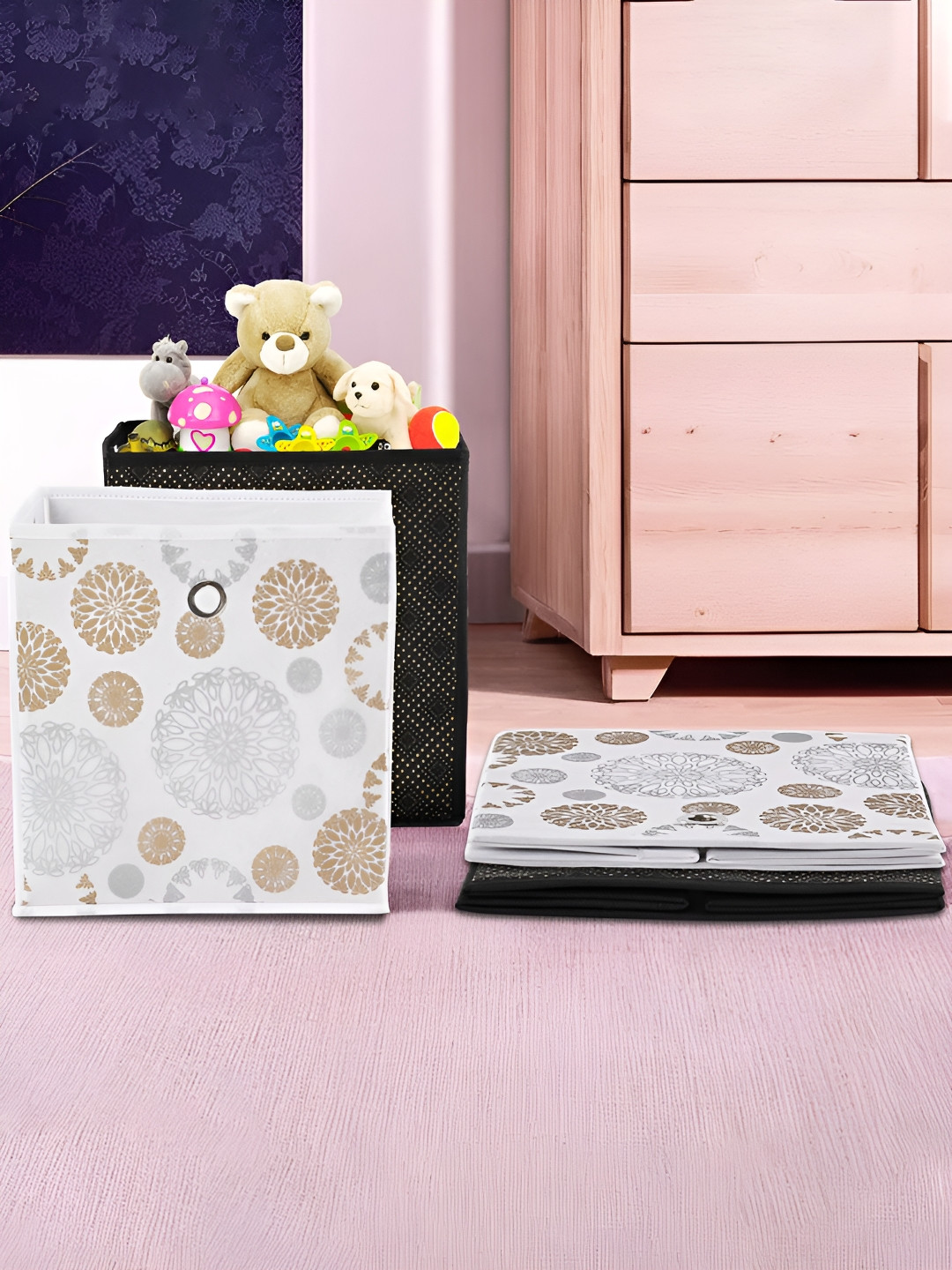 Kuber Industries Black & White 4 Pieces Printed Foldable Multi-Utility Organisers