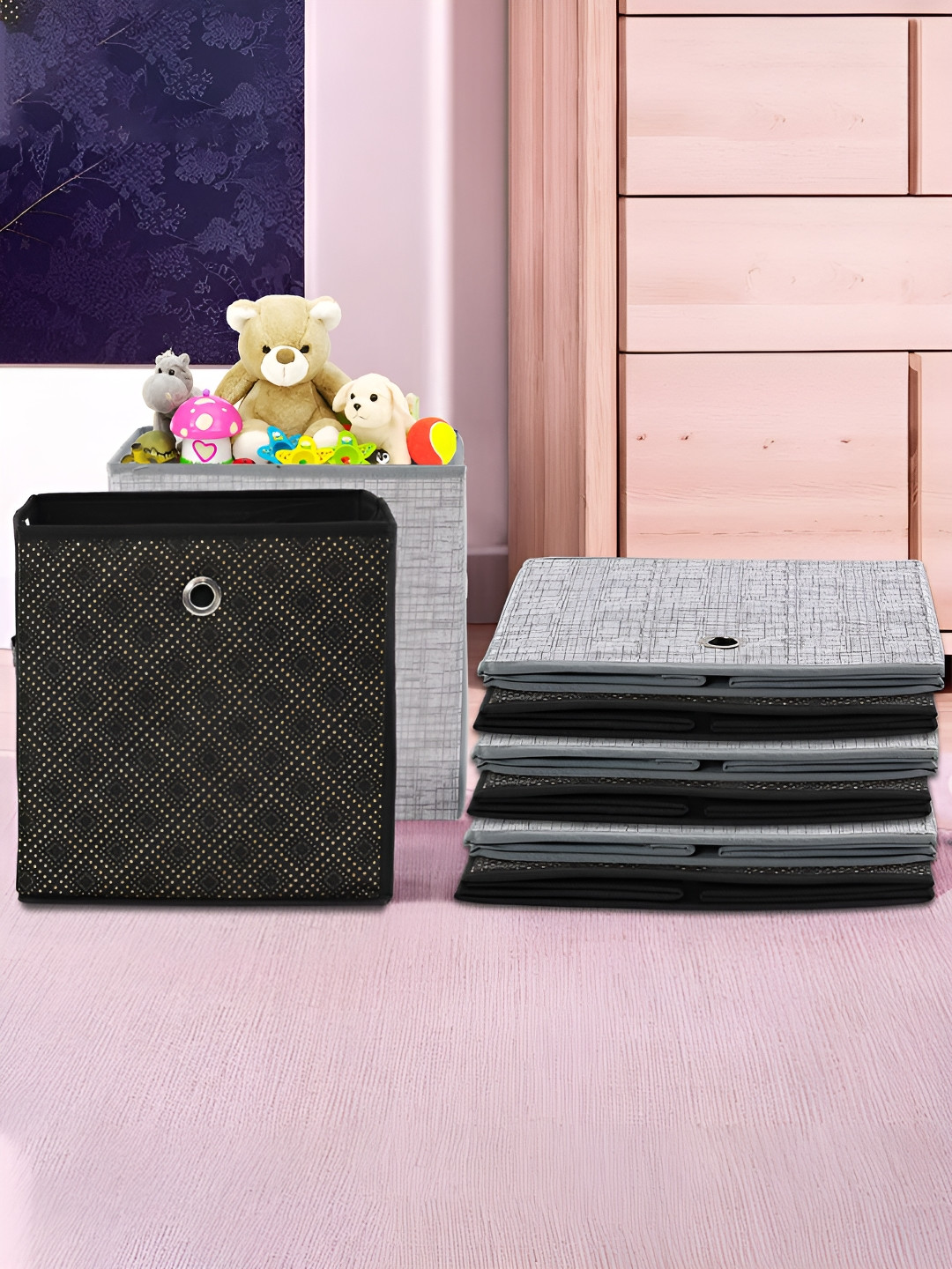 Kuber Industries Grey & Black 8 Pieces Printed Foldable Multi-Utility Organisers