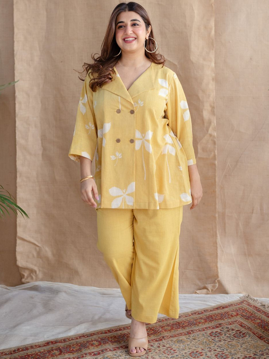 THE INDIAN ETHNIC CO Printed Lapel Collar Pure Cotton tunic With Trouser